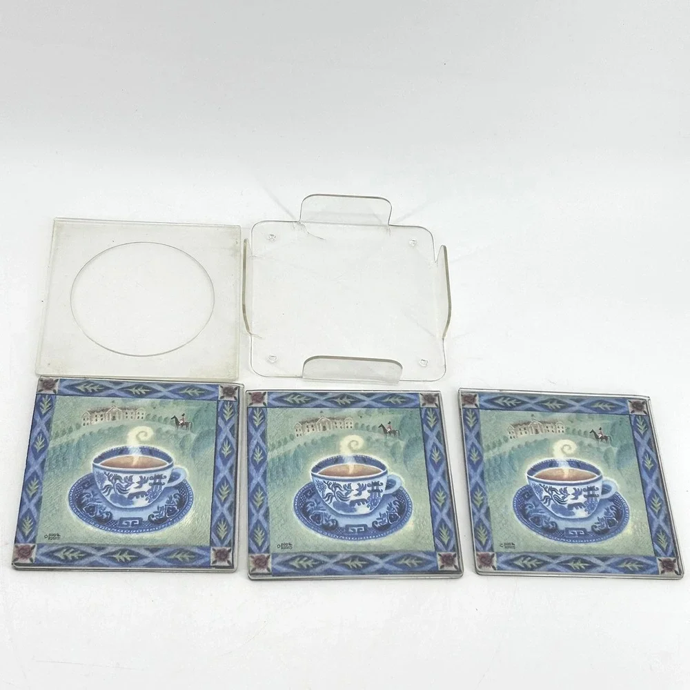 Sue Williams Blue Willow Coffee Tea Cup Acrylic Coaster Set of 4 with Holder